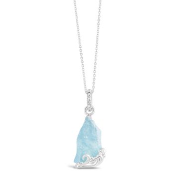 Sterling silver necklace with raw Aquamarine stone for ocean-lovers. Wave pendant, white topaz, and icy blue aquamarine on an adjustable cable chain, glacier jewelry alaska, Dune Jewelry glacier necklace.
