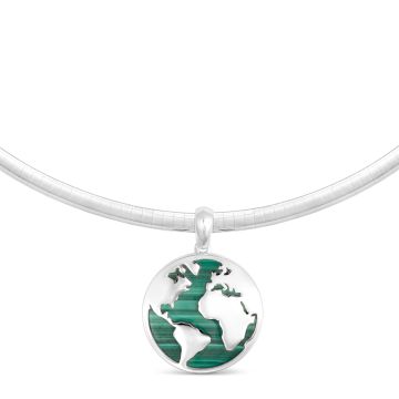 Front of genuine Malachite gemstone Globe Necklace on an Omega Chain for disaster relief, Hurricane Helene & Hurricane Milton relief support.