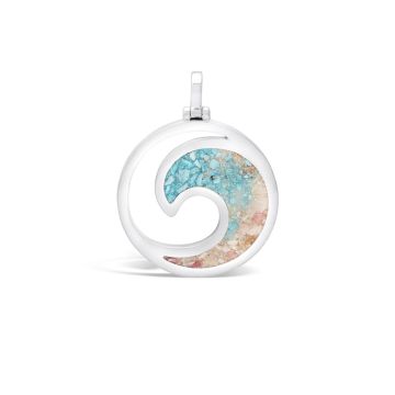 Ocean wave jewelry featuring turquoise stone, customizable with your favorite beach sand, shells, or earth elements. Nautical jewelry and ocean-inspired gifts. Luxe satin matte wave pendant.