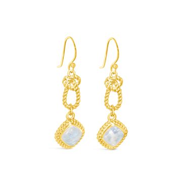 Sterling silver and gold vermeil Mariner’s Moonstone design featuring a radiant rainbow moonstone earrings in a nautical knot design, the perfect nautical jewelry for her, for ocean-inspired elegance.