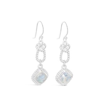 Sterling silver Mariner’s Moonstone design featuring a radiant rainbow moonstone earrings in a nautical knot design, the perfect nautical jewelry for her, for ocean-inspired elegance.