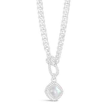 Sterling silver Mariner’s Moonstone design featuring a radiant rainbow moonstone necklace in a nautical knot design, the perfect nautical jewelry for her, for ocean-inspired elegance.