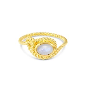 Sterling silver and gold vermeil Mariner’s Moonstone design featuring a radiant rainbow moonstone ring in a nautical knot design, the perfect nautical jewelry for her, for ocean-inspired elegance.