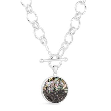 Discover abalone symbolism with this bold statement necklace in sterling silver customized with your beach sand or element and real abalone shell fragment.