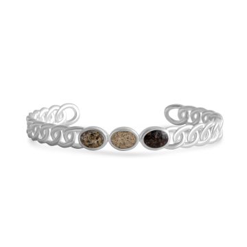 What is the best jewelry for a beach wedding? Handcrafted and personalized sterling silver chain cuff beachy bracelets featuring three oval bezels filled with sand and earth elements. Beach bracelets. Ocean-inspired gifts.