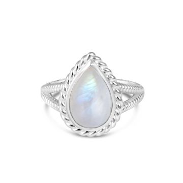 Nautical silver mermaid ring with rope detailing and a teardrop motif carrying genuine moonstone, best jewelry for ocean lovers.