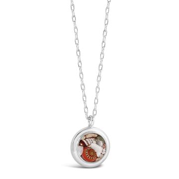 Nautical necklace by Dune Jewelry in sterling silver with natural crushed shell fragments. Features a round setting and adjustable chain.