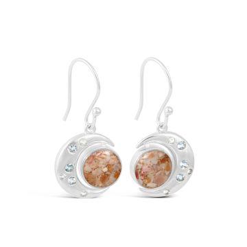 Sterling silver elegant crescent moon earrings with aquamarine and personalized with sand or earth elements. Gorgeous moon jewelry.