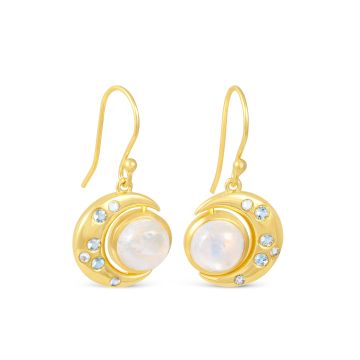 Elegant 14k gold vermeil crescent moon earrings with moonstone and aquamarine.