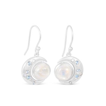 Elegant sterling silver crescent moon earrings with moonstone and aquamarine.