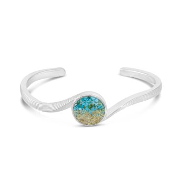 Cuff bracelet handcrafted with sterling silver featuring an ocean wave design, turquoise gradient and your choice of sand or element. Great jewelry design for ocean aficionados and beach lovers. Shop Wave Jewelry and Ocean Jewelry, 