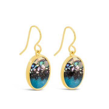 Statement earrings, gold jewelry with abalone, apatite, and Alaska sand, inspired by Alaska travel.