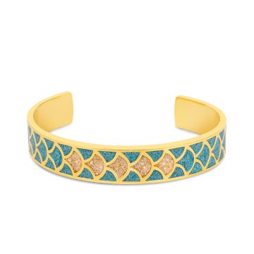 Shimmering teal cascade and 14k gold vermeil cuff bracelet personalized with your favorite sand or earth element. Symbolic jewelry.