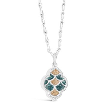 Shimmering teal cascade and sterling silver necklace personalized with your favorite sand or earth element. Symbolic jewelry.