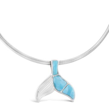 Sterling silver ocean-inspired necklace with an omega or cable chain, blue whale pendant and Larimar stone.