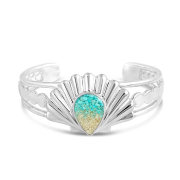Sterling silver cuff bracelet with bohemian accents and a a shell design with a teardrop turquoise gradient setting.