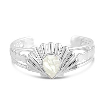 Sterling silver cuff bracelet with bohemian accents and a shell design with a teardrop element setting.