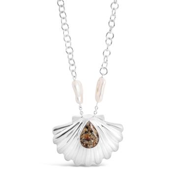 Sterling silver rolo chain necklace with large pearl accents around a statement shell pendant with a teardrop shaped sand and element setting.