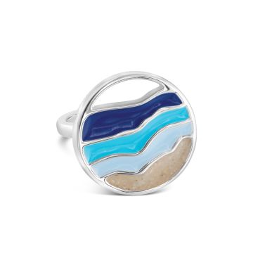 Sterling Silver Circular Blue Enamel Ring With Three-Layer Ring With Turquoise, Sapphire, and Cerulean hues.