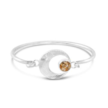 Sterling silver hinge bracelet with hooks and a circular wave textured bracelet charm with a small round sand setting.