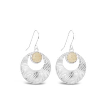 Sterling silver drop earrings with wave-inspired textured silver and a round sand setting.