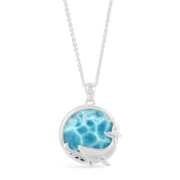 Sterling silver ocean-inspired necklace with a thick cable chain, round shaped pendant with a whale design and Larimar stone.