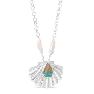 Sterling silver rolo chain necklace with large pearl accents around a statement shell pendant with a teardrop-shaped sand and turquoise setting.
