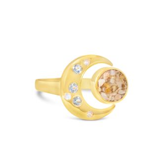 14k Gold vermeil crescent moon ring with aquamarine and sand or earth elements. Gorgeous moon jewelry.