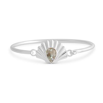Sterling silver coastal jewelry with a beautiful shell motif design and teardrop shape filled with sand or shells, customizable hinge bracelet.