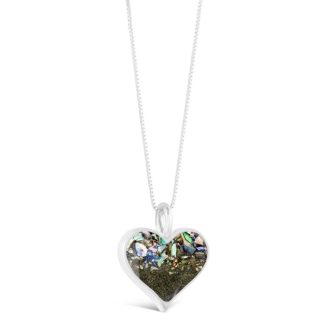 This heartwarming design features a sterling silver and abalone heart handcrafted with your choice of sand, shells, or earth elements from your favorite location.
