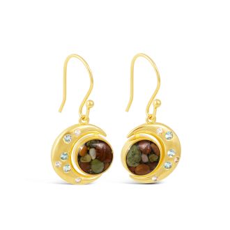 Sterling silver and 14k gold crescent moon earrings with aquamarine and personalized with sand or earth elements. Gorgeous moon jewelry.