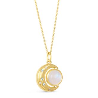 Sterling silver and gold vermeil crescent moon necklace with moonstone, aquamarine, and an adjustable cable chain. 