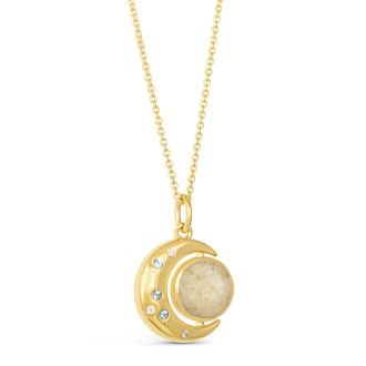 Sterling silver and gold vermeil crescent moon necklace with aquamarine, sand or elements, and an adjustable cable chain. 