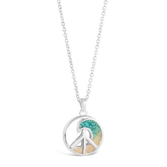 Wave and peace symbol necklace handcrafted with sterling silver, a turquoise gradient, and your choice of sand, shells, stones, or earth elements.