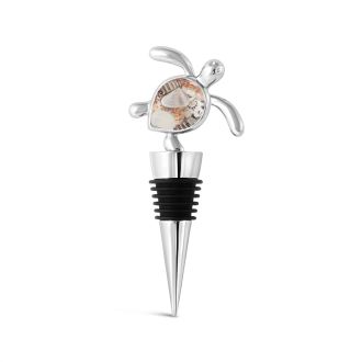 Sea Turtle wine stopper made from recycled stainless steel with embedded shell fragments, capturing coastal elegance in the perfect gift for hosts.