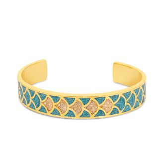 Shimmering teal cascade and 14k gold vermeil cuff bracelet personalized with your favorite sand or earth element. Symbolic jewelry.
