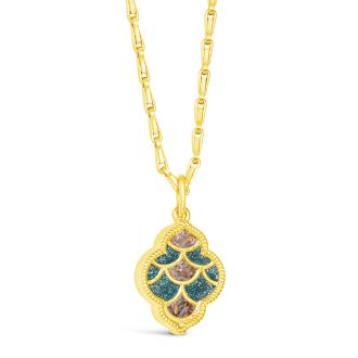 Shimmering teal cascade and 14k gold vermeil necklace personalized with your favorite sand or earth element. Symbolic jewelry.