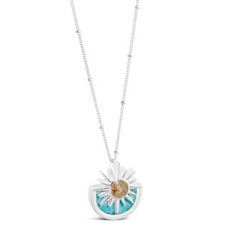 Sun necklace in sterling silver with Larimar and meaningful sand. Blue healing crystals beach necklace.