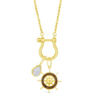 The Captain's Necklace features a Teardrop Moonstone charm and personalized Ship's Wheel Charm on a wheat chain.