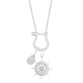 The Captain's Necklace features a Teardrop Moonstone charm and personalized Ship's Wheel Charm on a wheat chain.