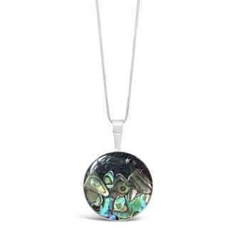 Dune specialized in ocean-inspired gifts including this large round necklace. Abalone jewelry, blue sandstone necklace and gemstone necklace. Memory jewelry. Alaska cruise necklace curated by Christine Kesteloo. Abalone jewelry