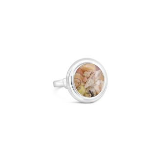 Nautical cocktail ring by Dune Jewelry in sterling silver with natural crushed shell fragments. Features a round setting.