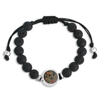 Men's adjustable beaded bracelet with stainless steel round setting and black lava beads. Rugged masculine jewelry, customizable with sand or earth elements. 