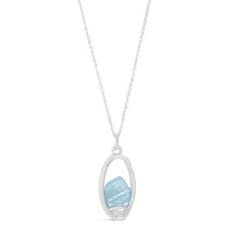 Sterling silver necklace with raw Aquamarine stone for ocean-lovers. Oval forest view pendant and icy blue aquamarine on an adjustable cable chain, glacier pendant alaska.