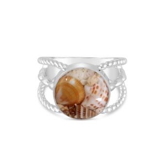 Round boho ring with three detailed rings, featuring shell fragments in a domed, glass-like finish, embodying coastal bohemian style.