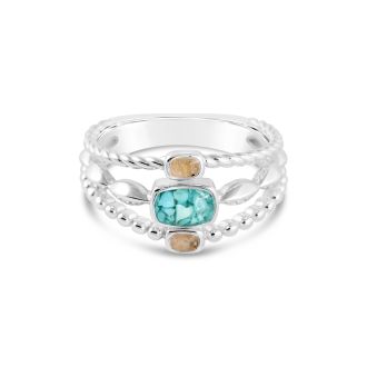 What is the best jewelry for a beach wedding? Handcrafted and personalized sterling silver boho ring featuring three bezels filled with sand and earth elements. Beach jewelry. Custom stone, sand, and shell ring.