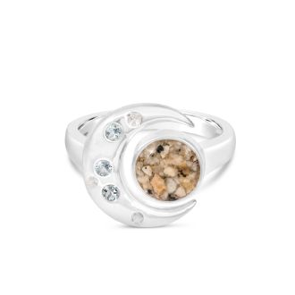 Sterling silver celestial crescent moon ring with aquamarine, white topaz, and personalized with sand or earth elements. Gorgeous moon jewelry.