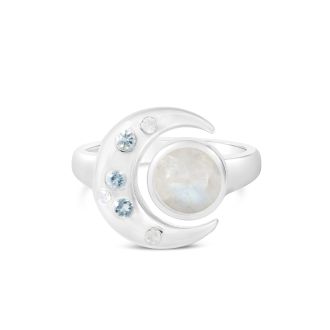 Sterling silver celestial crescent moon ring with aquamarine and moonstone. Gorgeous moon jewelry.