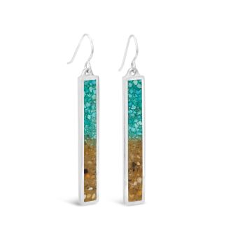 Turquoise blue statement earrings, custom jewelry with beach sand, shells, and gemstones.