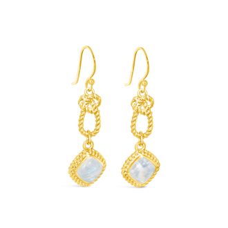 Sterling silver and gold vermeil Mariner’s Moonstone design featuring a radiant rainbow moonstone earrings in a nautical knot design, the perfect nautical jewelry for her, for ocean-inspired elegance.